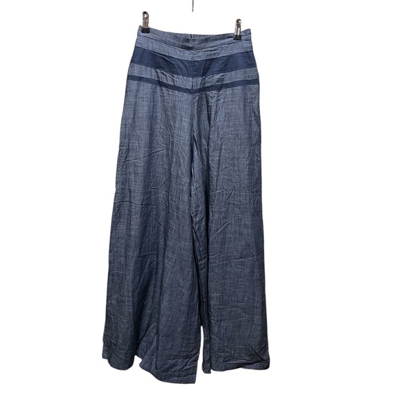 eshakti Pants - eShakti Blue Chambray Wide-Leg Pants with Dark Blue Waist Accents